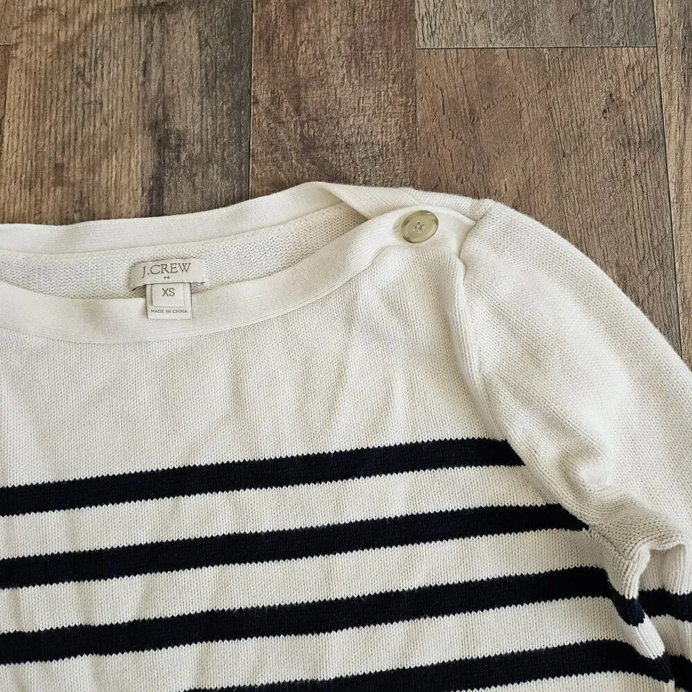 J.Crew Striped Boatneck Sweater Cream Black Button Shoulder Prep Womens XS